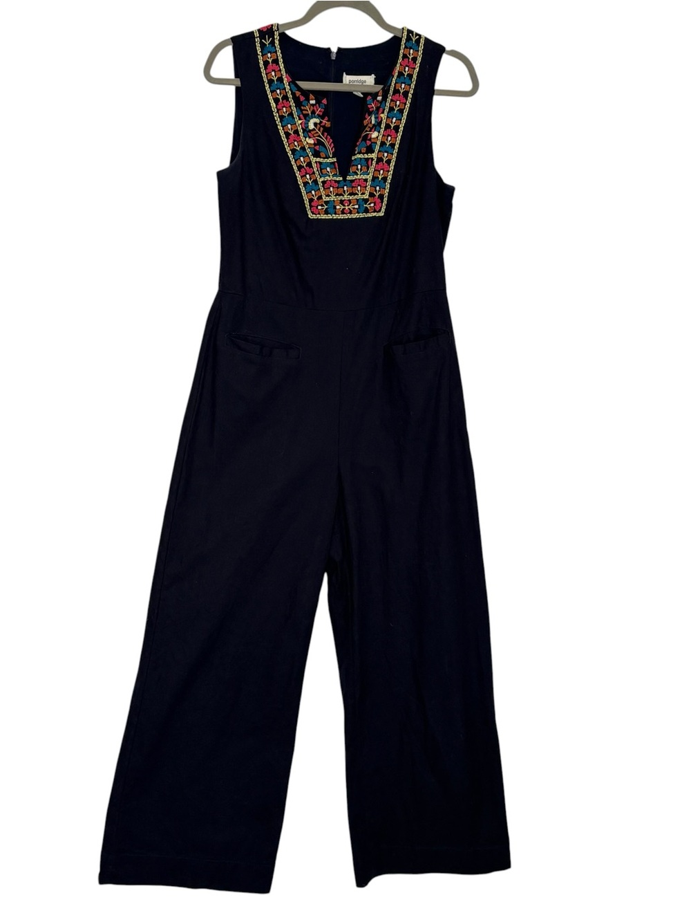 Anthropologie Porridge Navy Blue Embroidered Wide Leg Jumpsuit | M